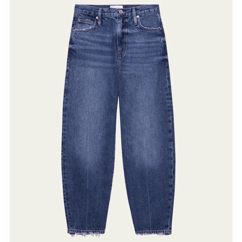 FRAME Ultra High Rise Barrel Leg Jeans Size 24 NWOT $278 Distressed Hem Blue